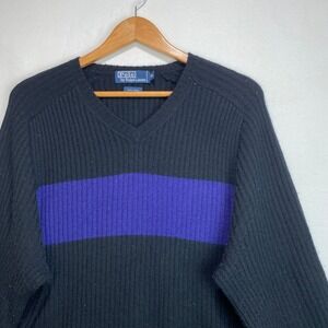 VTG Polo Ralph Lauren Mens XXL Wool Ribbed V-Neck Sweater Black Purple Stripe